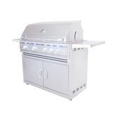 Close-up of the 38" Cutlass Pro Freestanding Grill Cart by RCS highlighting the rotisserie kit and heat zone separators.